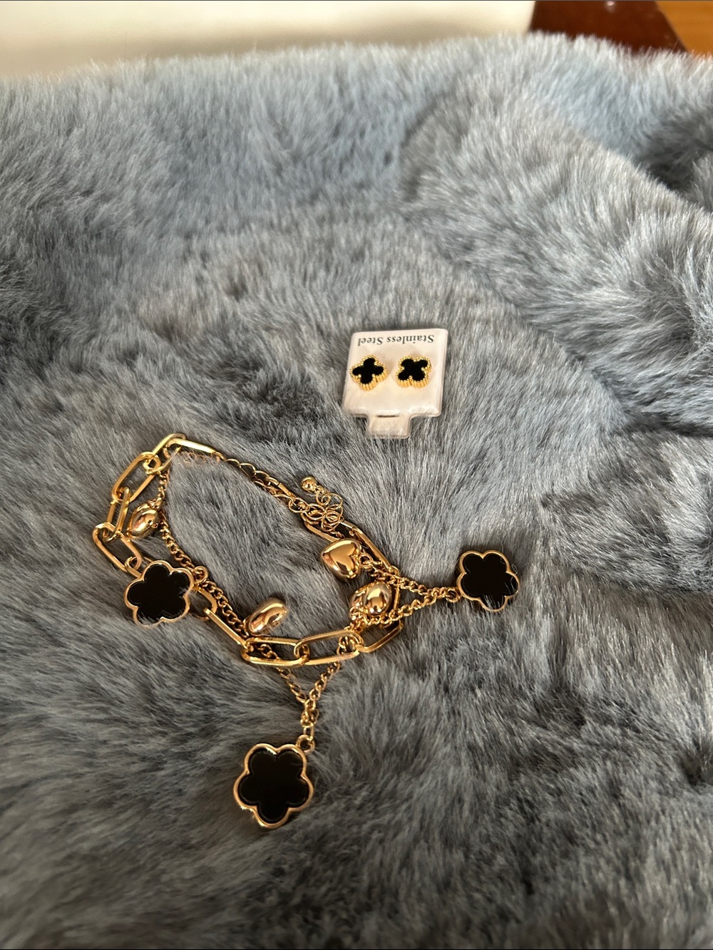 Stainless Steel Gold-Plated Black Clover Charm Bracelet & Earrings